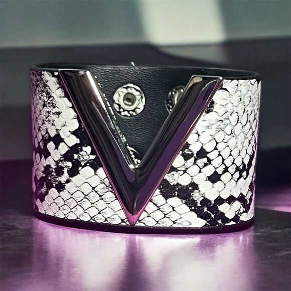 Jewelry - Fashionable Snake Print Faux Leather Wide Cuff Bracelet with V Logo
